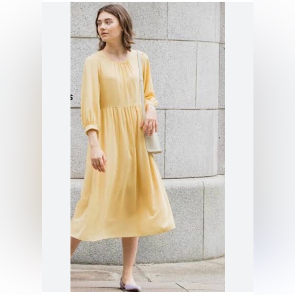 Uniqlo (S) Yellow Midi Flare Georgette 3/4 Sleeve Dress Flowy Feminine Romantic